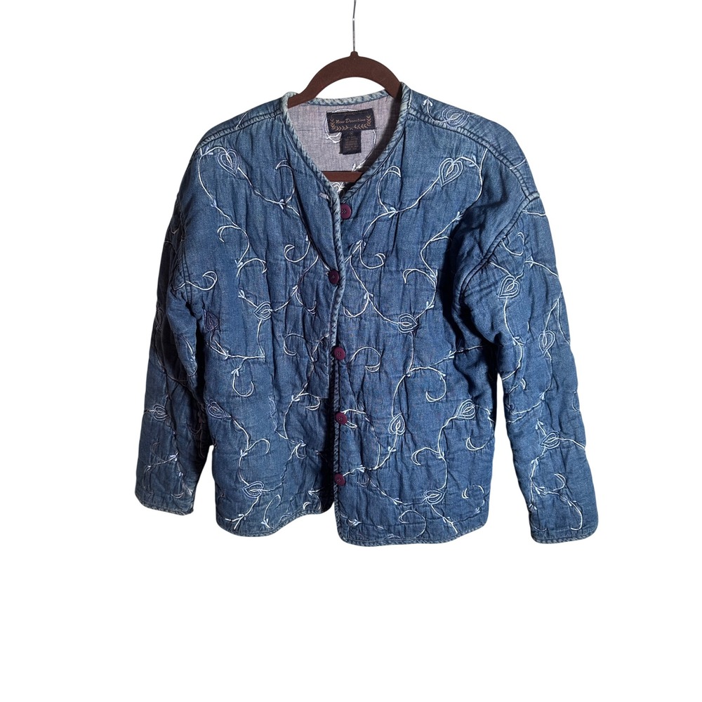 New Direction Quilted Denim Jacket Blue Embroidered Heart Vine Boho Womens Med